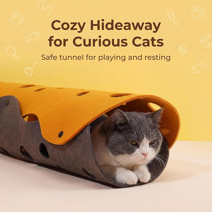 ZEZE Cheese Cat Tunnel for Indoor Cats, Felt Peek Hole Hide Tunnel Toy with Snap Buttons, Foldable Interactive Cat Play Mat for Hide & Seek and Indoor Enrichment - Image 2