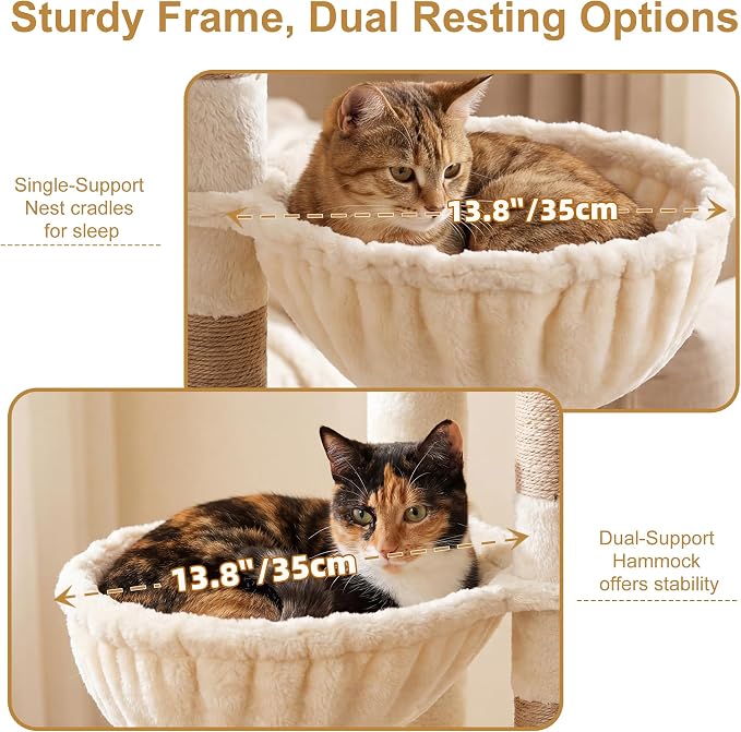 Heybly 68.1" Cat Tree with Oversized Top Platform & Wide Base HCT059MJ | Heavy Duty Cat Tower for Large Indoor Cats with 2 Condos, 2 Hammocks, 10 Sisal Scratching Posts, Stable Cat House, Beige - Image 7