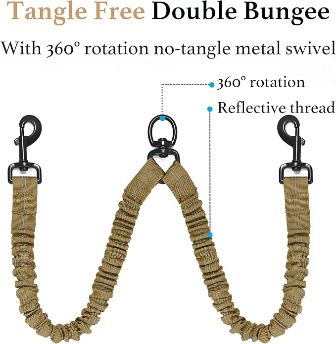 Double Dog Leash, 360° Swivel, No Tangle, Large, 25-150 lbs, Khaki | Dual Leash for Two Dogs, Split Leash, Shock-Absorbing Bungee, Padded Handle, Heavy-Duty Rope - Image 5