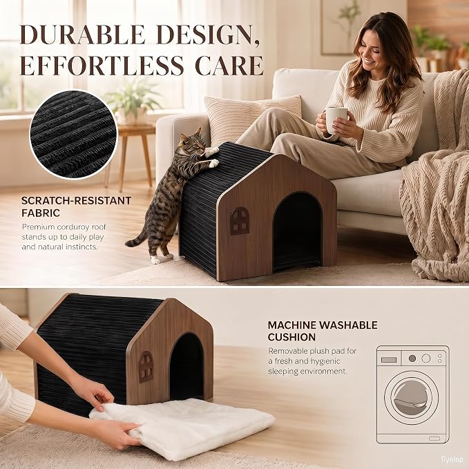 Modern Wooden Indoor Cat House - E0 Grade Enclosed Cat Cave Bed | Eco‑friendly non‑toxic washable cushion, walnut finish matches home decor, fits cats up to 20 lbs, easy assembly - Image 3