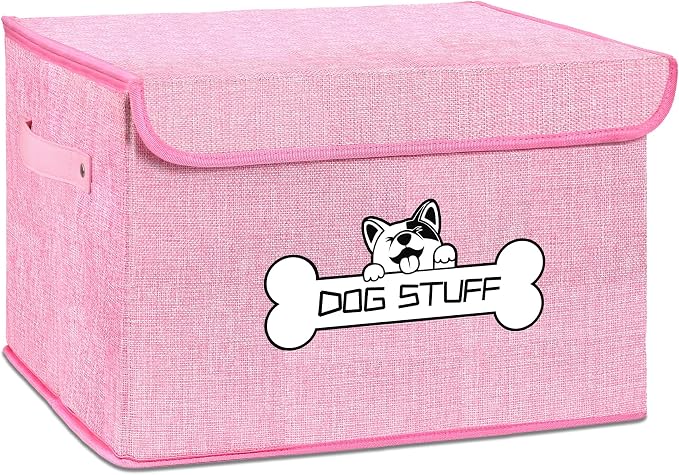 Dog Toy Basket with Lid, Collapsible Box for Pet Accessories | Storage Bin for Living Room, Fabric Container with Handle, Organizer for Small Medium dogs, Pink by Thankspaw