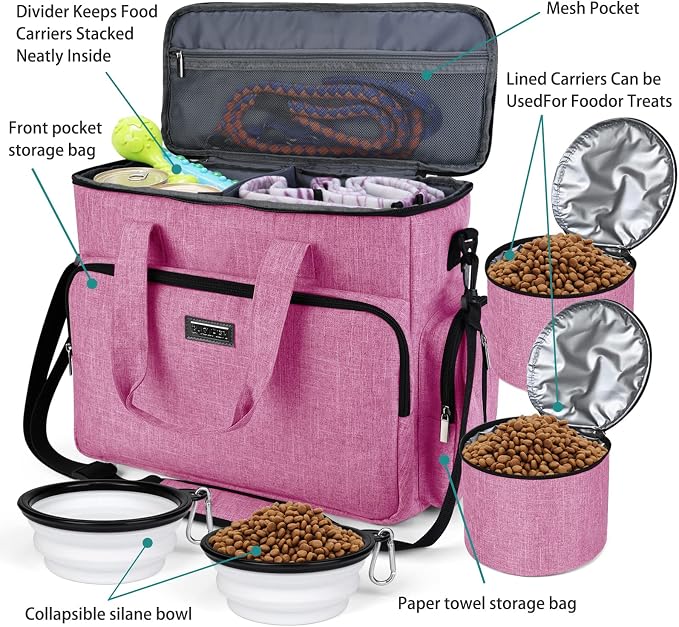 BAGLHER Dog Travel Bag, Pet Travel Bag (ALL Pet Travel Supplies), With 2 Pet Food Containers and 2 Collapsible Silicone Bowls; Essential Kits for Pet Travel Pink - Image 5