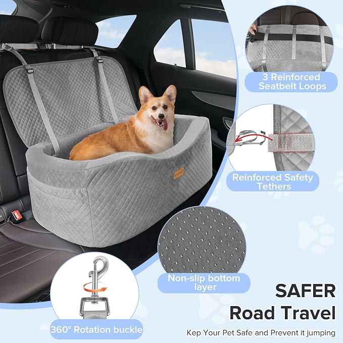 BLVRYVIO Large Dog Car Seat for Medium Sized Dogs Under 55lbs or 2 Smalls | Double Pet Booster Dog Seat for Car with 4" Memory Foam for Back Seat, Triple Safety Belts, Storage Pockets, Washable, Gray - Image 5