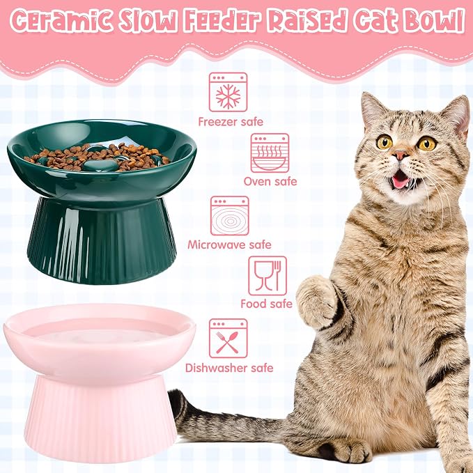 Tioncy 2 Pcs Ceramic Elevated Slow Feeder Cat Bowl, Raised Cat Slow Feeder Bowl, Anti Vomiting for Dry and Wet Food, No Spill High Edge Easy Clean Dishwasher Safe (Pink,Dark Green) - Image 5