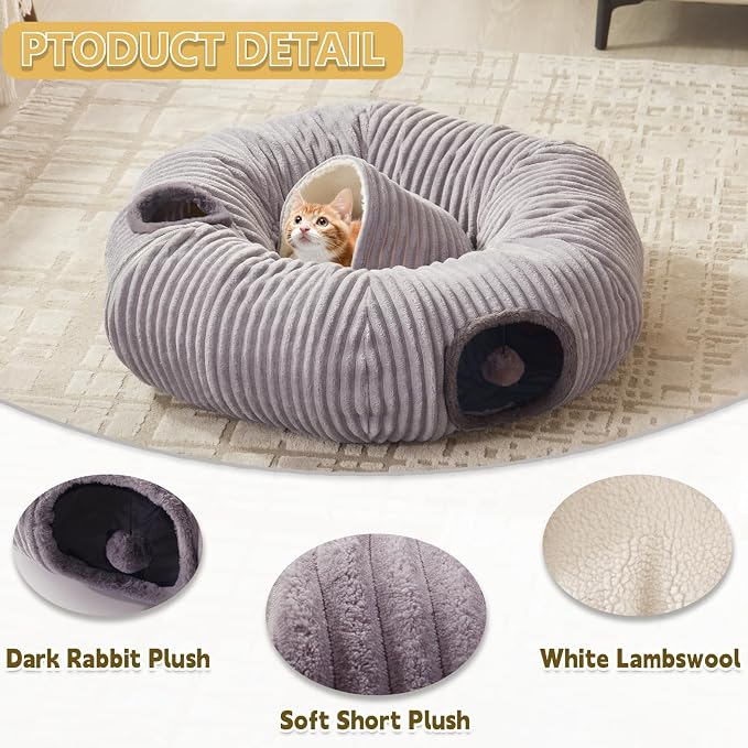 Cat Tunnel Bed for Indoor Cats - Cute Cat Donut Tunnel with Washable Circle Cushion and Blackout Tent Round Pet Play Toy for Kitten/Puppy/Rabbit, Grey - Image 4