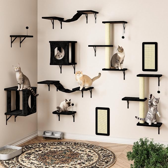 Cat Wall Shelves, 10-in-1 Wall-Mounted Cat Furniture Set | Large Cat Climber Set with House, Bridge, Steps, Scratcher, DIY Playground, Shelves for Indoor Wall Furniture Set - Black - Image 2
