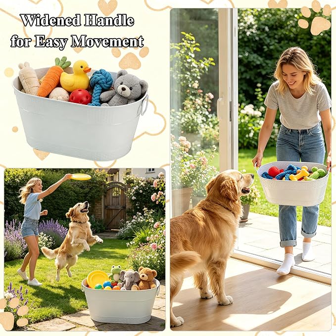 Indestructible Metal Dog Toy Bin, White Galvanized Storage Bin with Handles, Puppy Basket for Blankets, Leashes, Pet Toy Box for Living Room (25-Quart) - Image 6