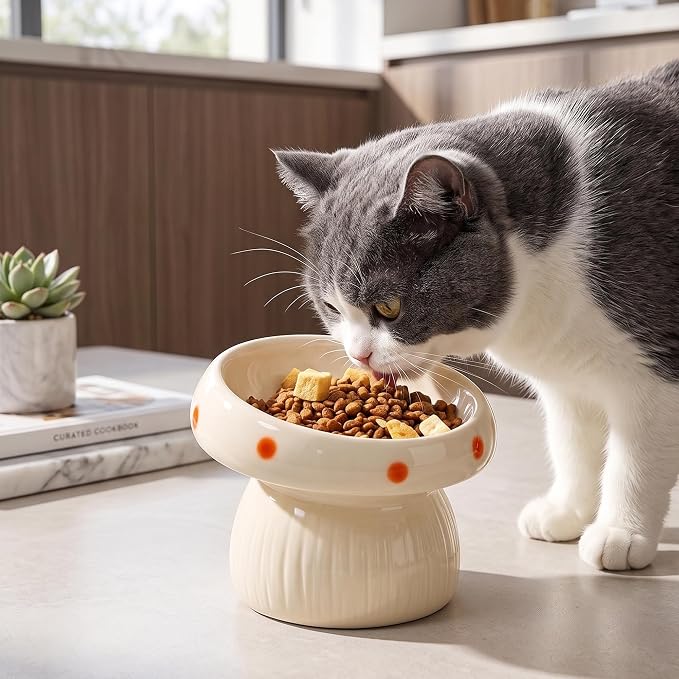 Ceramic ElevatedMushroom Feeding Cat Bowl Whisker Friendly | 15° Tilted,Wide & Shallow, Premium Ceramic - Image 8