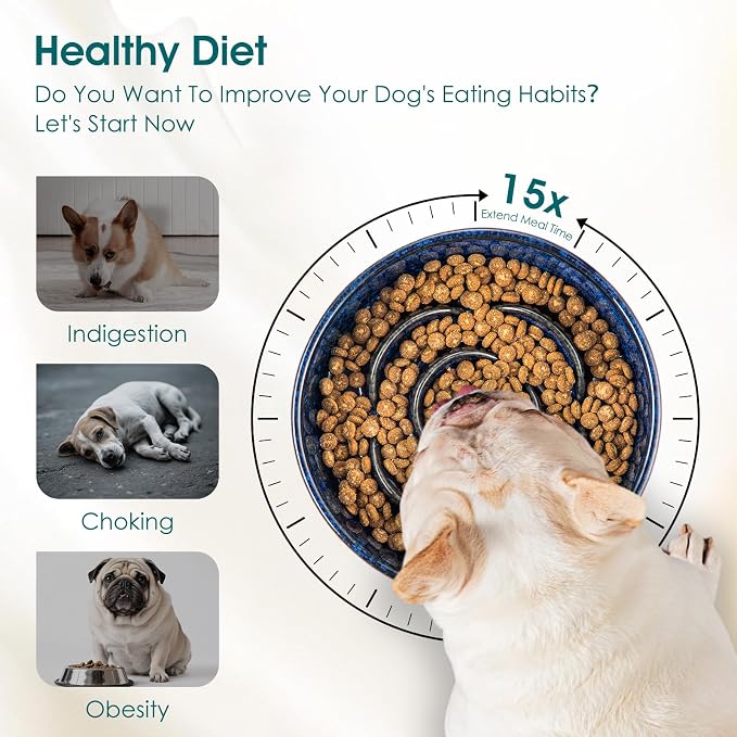 vancasso Slow Feeder Dog Bowl, 0.6 Cup Ceramic Puzzle Dish for Small Breeds | Maze Dog Food Bowl for Fast Eaters, Slow Feeding Design for Small Dogs and Cats, Promotes Healthy Eating Habits, Blue - Image 7