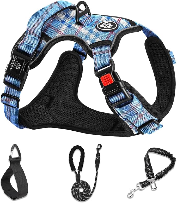 NESTROAD No Pull Dog Harness with Leash, Reflective No Choke Pet Vest Harness,Adjustable Soft Padded Dog Harness with Easy Control Handle for Large Dogs(Checkered Blue,Large) by NESTROAD