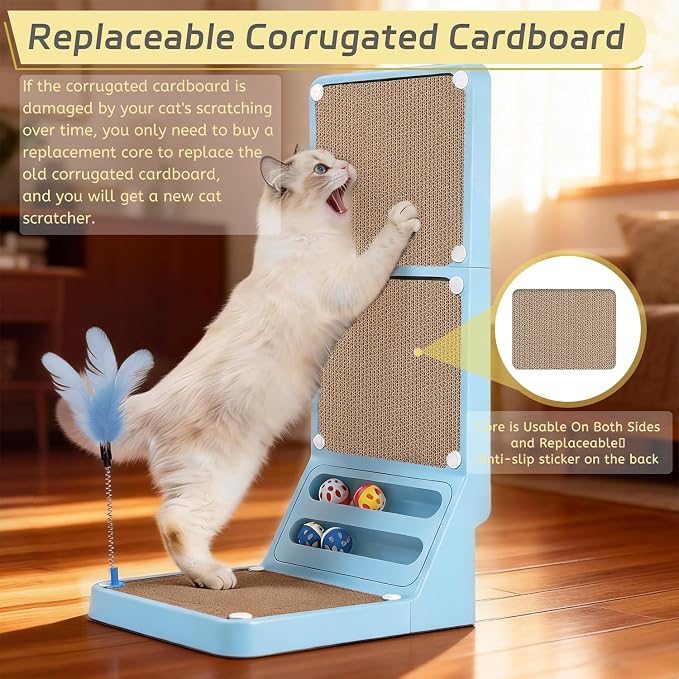 Cat Scratcher Cat Scratch Pad L Shape Wall Mounted Dual Use (Vert/Horiz) Kitten Bunifa Scratching Card Board Vertical Post with Ball Toys Feathers,Protecting Furniture Core is Replaceable Large Blue - Image 7