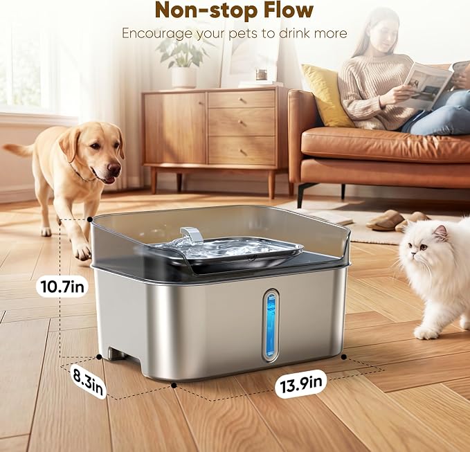 Large Stainless Steel Dog Water Fountain no Spill, 2.1Gal/8L with 8 Filters | Automatic Dog Water Bowl Dispenser, Super Quiet Cat Fountain, Dog Bowl to Drinkg Inside, Gifts for Pets - Image 8