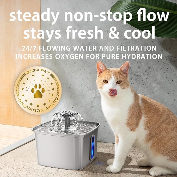 Veken Innovation Award Winner Stainless Steel Cat Water Fountain, 108oz | Automatic Pet Fountain Dog Water Dispenser with 3 Replacement Filters & Silicone Mat, Gifts for Cats, Dogs (Silver) - Image 5