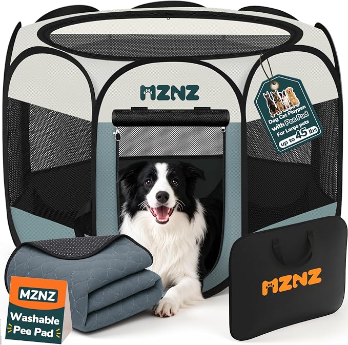 Dog Cat Small Animal Puppy Playpen Crate with Pee Pad, Large, Grey | Portable Pop Up Pet Cage Enclosure Tent Kennel Indoor Outdoor with Carrying Case, No Assembly, Camping Use by MZNZ