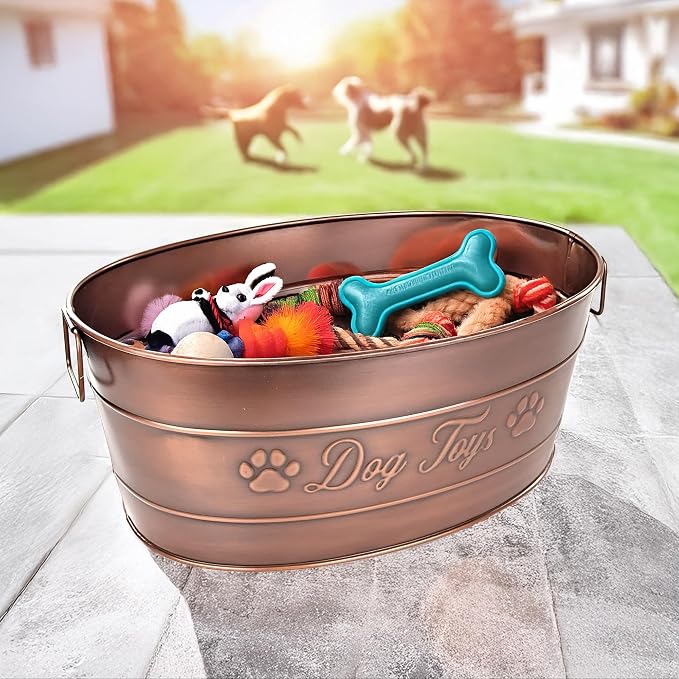 BREKX Copper Metal Dog Toy Storage Bin, Indestructible, Large | Toy, Blanket & Leash Organization • Carrying Handles - Image 5