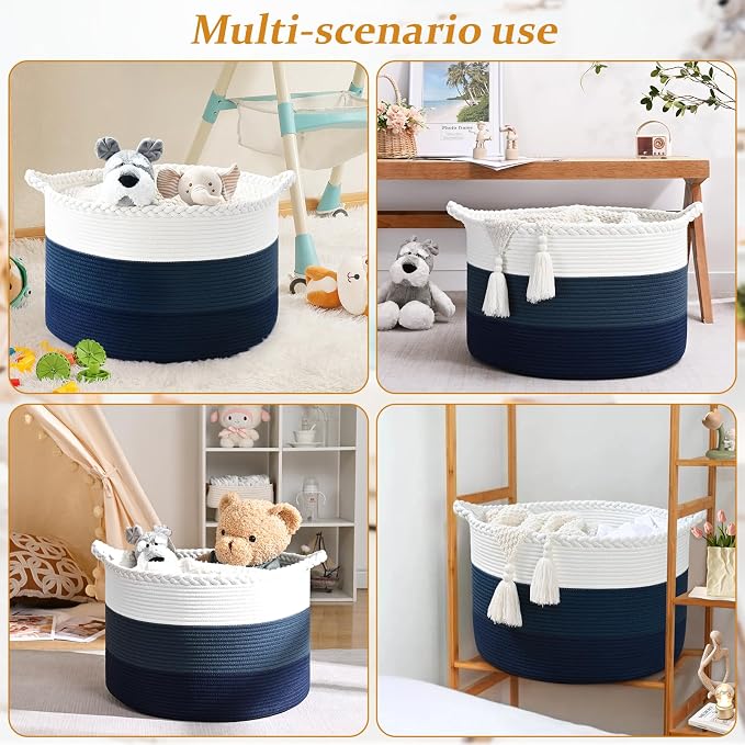 67L Large Woven Blanket Basket, Cotton Rope Baby Laundry Hamper with Handles, Kids Toy Basket for Classroom & Nursery, Soft Round Stuffed Animal Storage, Dog Toy Bin - 20"x13", Dark Blue - Image 8