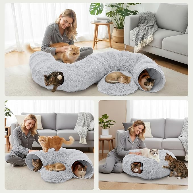 DUMOS Cat Tunnel Bed for Indoor Cats, Cave Donut Play Tunnel, Silver | Soft Plush Peekaboo, Washable Circle Cushion, Multifunctional Playground Under Tree Toys for Kittens, Puppy, Rabbit, Ferret - Image 7