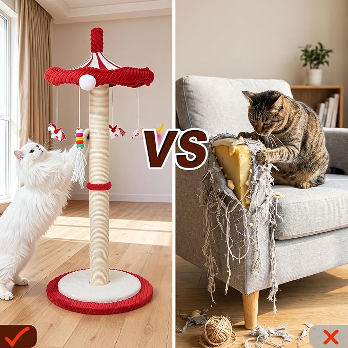 Carousel Cat Scratching Post with Hanging Toys, Interactive Cat Toys | 39" Tall,Cute Cat Post with Rotating Top, Cat Toys for Bored Indoor Adult Cats, Large,Stable, Sisal Rope - Image 6
