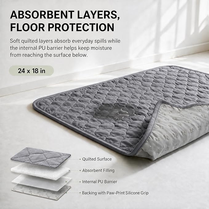 2-Pack Washable Cat Litter Mats, 24 x 18 in, Sage Green/Grey | Absorbent quilted layers with PU barrier, paw-print silicone grip, 2 pockets and 6 empty cotton pouches; catnip not included. - Image 3