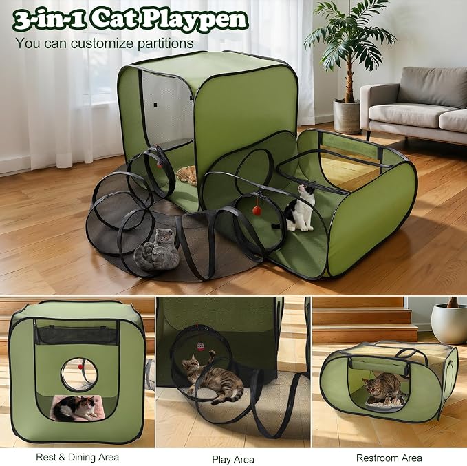 Cat Playpen, 3-in-1 Pop-up Outdoor Cat Enclosure, Green | 2 Rooms & Tunnel, Breathable Mesh, Carry Bag, Interactive Toys, Multi-Entry Doors, Indoor & Outdoor Use for small pets - Image 2