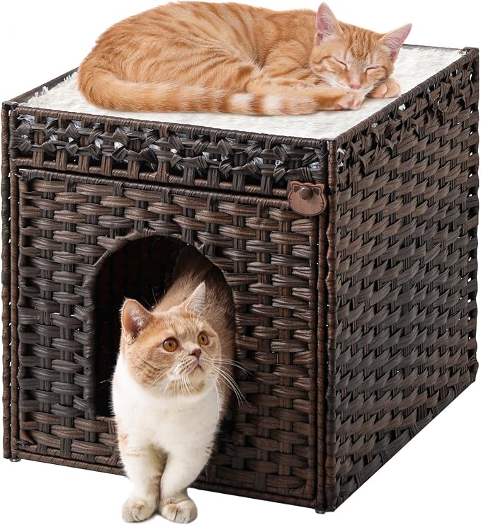 SETVSON Cat Beds for Indoor Cats Extra Large Double PE Rattan, Brown | Spacious Indoor Cat House Condo for Multi-Cats, Dual Layer Hideaway Cave, Reversible Cushion, Collapsible Metal Frame by SETVSON