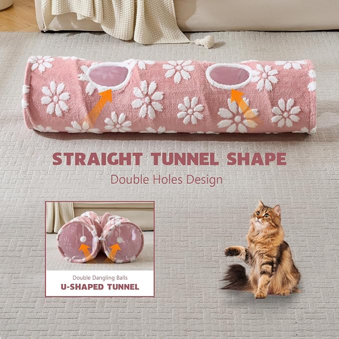 Straight Cat Tunnel for Indoor Cats 47"x12", Pink Flower | Cute Cat Toys, Collapsible Tunnel Tube with Hanging Balls for Puppy Kitten Rabbit - Image 5