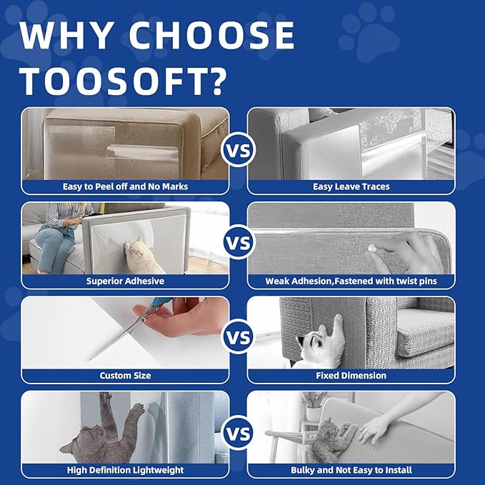 TOOSOFt Anti Cat Scratch Furniture Protector Clear Vinyl 196.9"x16.5" | Couch Protector from Cat Claws Thicken - Single Sided Sticky Flexible Dog Tape for Furniture, for Couch Corner Door Walls Bed - Image 4