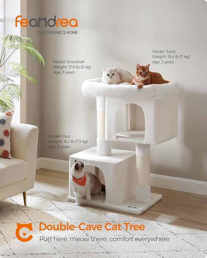 Feandrea Cat Tree, 40.6-Inch Cat Tower, Plush Condo for Extra Large Cats up to 44 lb, Large Perch, 2 Caves, Scratching Post, Cream White UPCT614T01 - Image 2