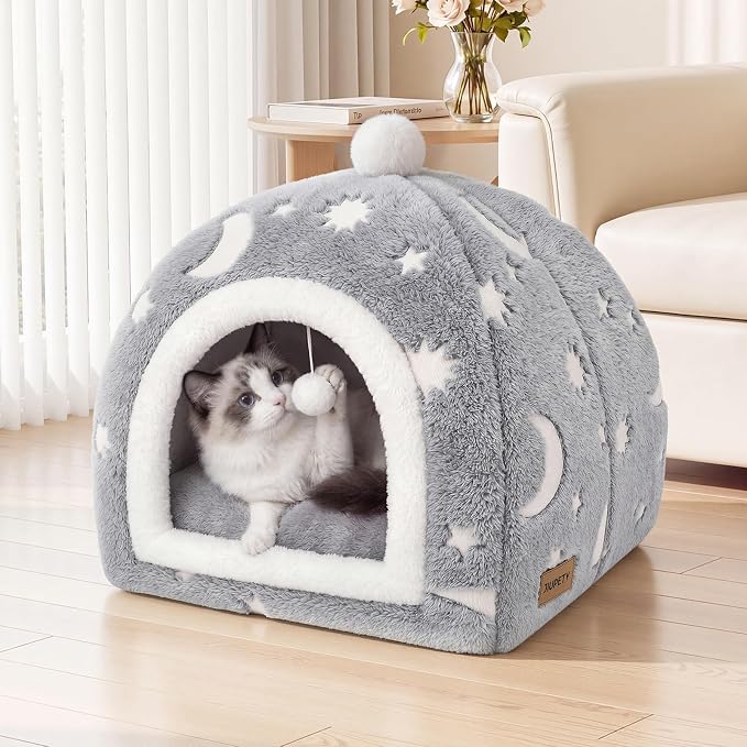 Glow in the Dark Cat Cave Bed, 2-in-1 Foldable Indoor Cat Tent Cat House | 17.3"x17.3"x18"Luminous Starry Cave with Removable Washable Cushion,Hanging Toy Ball,Non-Slip Bottom Mat for Cats Small Dogs - Image 2