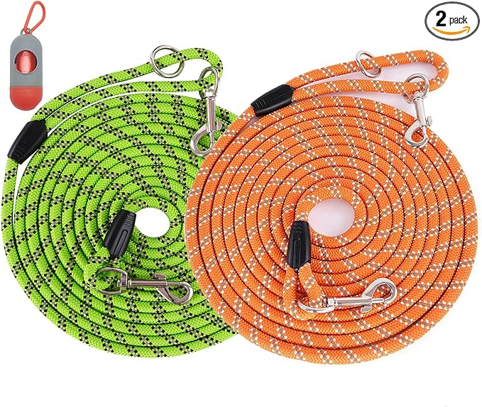 (2 Pack) Long Dog Leash for Dog Training 15FT/30FT/50FT, Dog Rope Leashes with Reflective Thread for Large Medium Small Dogs, Dog Tie-Out Cable Lead for Hunting, Camping&Backyard by Lanwandeng