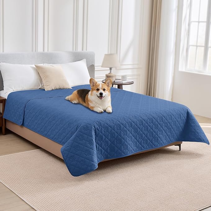 PAWFINITY Waterproof Bed Cover for Dogs, Pet Blanket for Mattress Washable | Paw Print Quilted, Hair Resistant, Anti Cat Scratch, Pee Proof Furniture Protector for Bed, Couch and Sofa, 52x82 Inch, Blue by Pawfinity