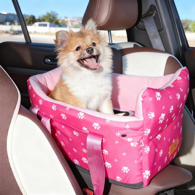 Center Console Dog Car Seat for Small Medium Dogs Up to 21 Lbs | Memory Foam Booster With Safety Leash, Washable Cover, Rose Red - Image 5