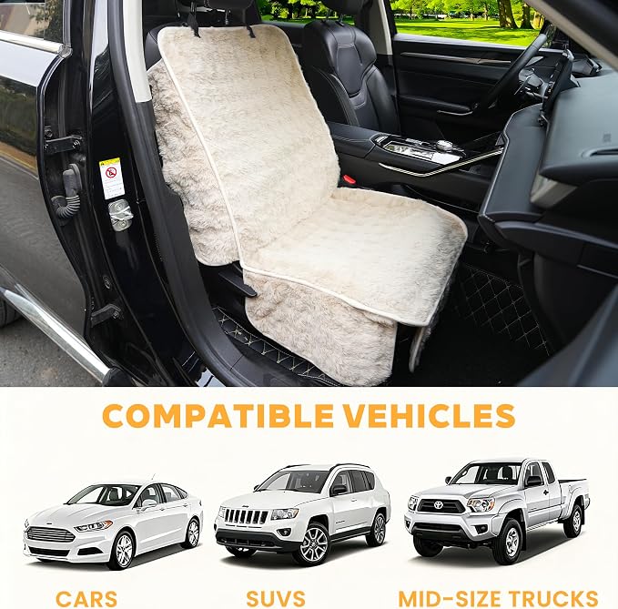 Dog Car Seat Cover, Waterproof Plush Pet Seat Protector, Beige, Front Seat | Faux rabbit fur, waterproof layer, non-slip silicone backing, side flaps, machine washable, fits most cars and SUVs - Image 2