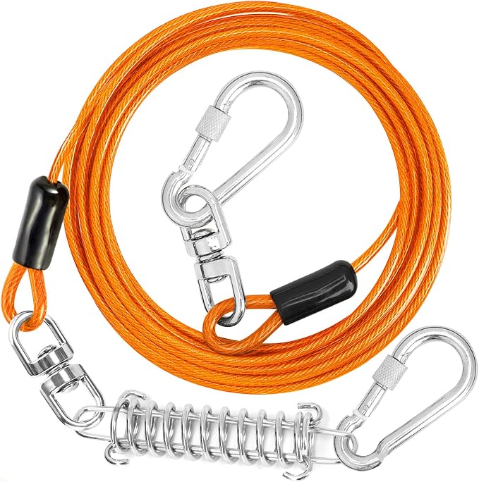 jenico Dog Tie Out Cable - 70 ft Heavy Duty Dog Lead for Yard | Outdoor Runner Cable with Swivel Hook and Shock Spring for Small Medium Large Dogs Up to 500 lbs Dog Tether for Yard Camping by jenico