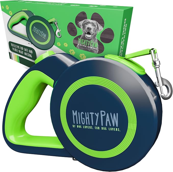 Mighty Paw Retractable Dog Leash 2.0, 16 Ft, for Medium Dogs, Heavy Duty | Reflective Nylon Tape, Tangle-Free Swivel Clip, One-Touch Quick-Lock Brake, Reflective Ring, Anti-Slip Handle by MightyPaw