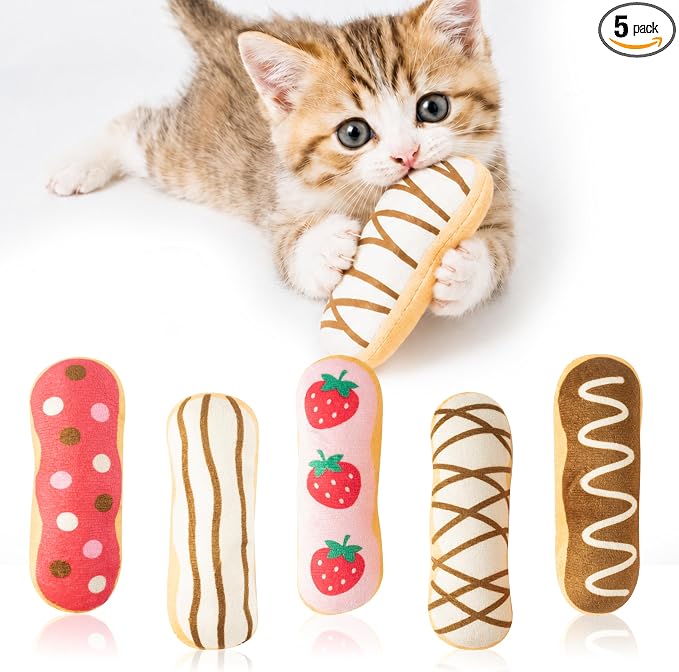 MALLMALL6 Eclair Catnip Toys for Cat - 5Pcs Chocolate Strawberry Dessert Catmint Interactive Toy Gift for Indoor Kitty, Biting Chew Kick Cats Supplies, Soft French Pastry Pet Present for Kitten Lover by MALLMALL6