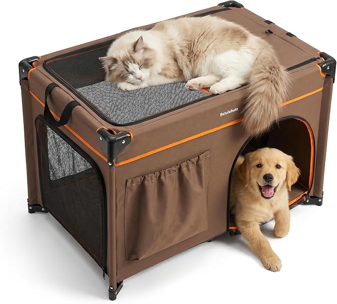 36 Inch Collapsible Travel Dog Crate, 4 Doors & Soft Pet Mat | Portable Dog Travel Crate for Medium Dogs,Large Storage Bag & Breathable Mesh,Soft Sided Dog Crate for Indoor & Outdoor Khaki by Betulabulo