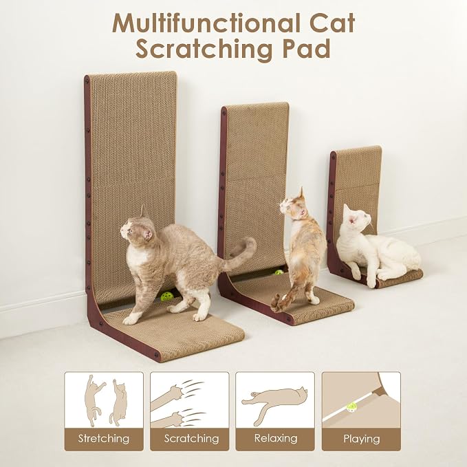 EHEYCIGA Cardboard Cat Scratcher for Indoor Cats, 19 Inch, Dark Brown | L Shaped Scratching Post, Vertical Cat Scratching Board with Ball Cat Toy, Furniture Protector, Kitten Cat Scratch Pad - Image 7