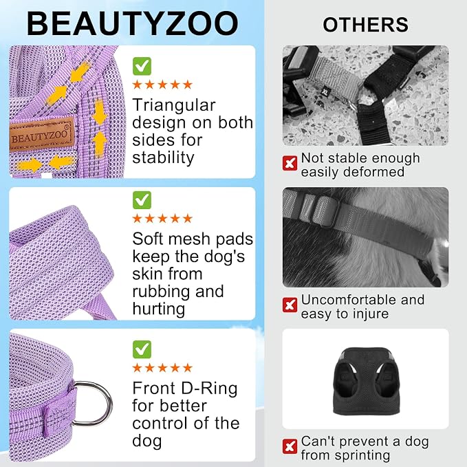 BEAUTYZOO Small Dog Harness and Leash Set, No Pull Step in Puppy Vest | Breathable Mesh with Handle, Reflective, Adjustable No Choke Escape Proof, Lightweight, Easy Control for Walking, Purple S - Image 6