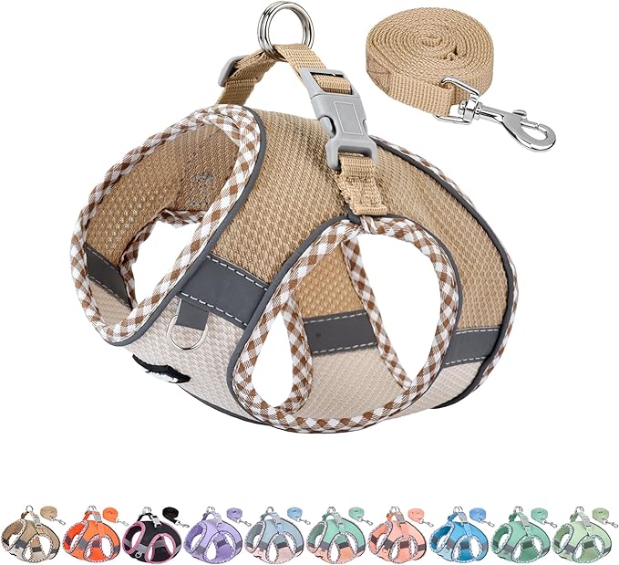 XXS Dog Harness & Leash Set with Reflective Design, Brown-Beige XXS | No Pull Step-in Vest, Breathable Mesh, Escape-Proof Design with High-Stick Magic Tape, Outdoor Use for Chihuahua, Maltese by AIITLE-FORPETSBETTERLIFE