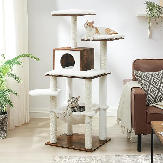 Feandrea Cat Tree, 56.3-Inch Modern Cat Tower, Multi-Level Plush Condo with Scratching Posts, Hammock, Washable Cushion, Rustic Brown UPCT164X01 by FeandreabySONGMICSHOME