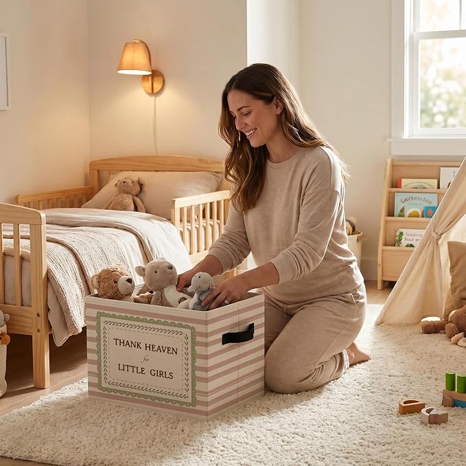 Girls Room Storage Bins Box, Heartfelt Saying Collapsible Organizer Basket | sweet soft cottage storage box basket for books clothes, pink striped organizer for nursery bedroom playroom, 10x14 in - Image 2