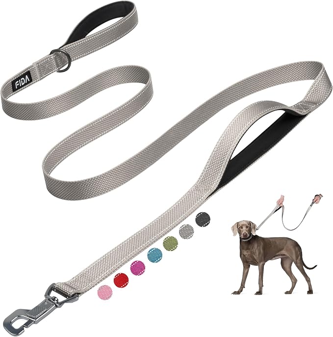 Fida Heavy Duty Dog Leash for Medium Large Dogs, 6 FT, Dual Padded Handles | Traffic Handle for Close Control, Advanced Easy Snap Hook, Reflective, Strong Nylon Webbing for Daily Walks & Training, Grey by Fida