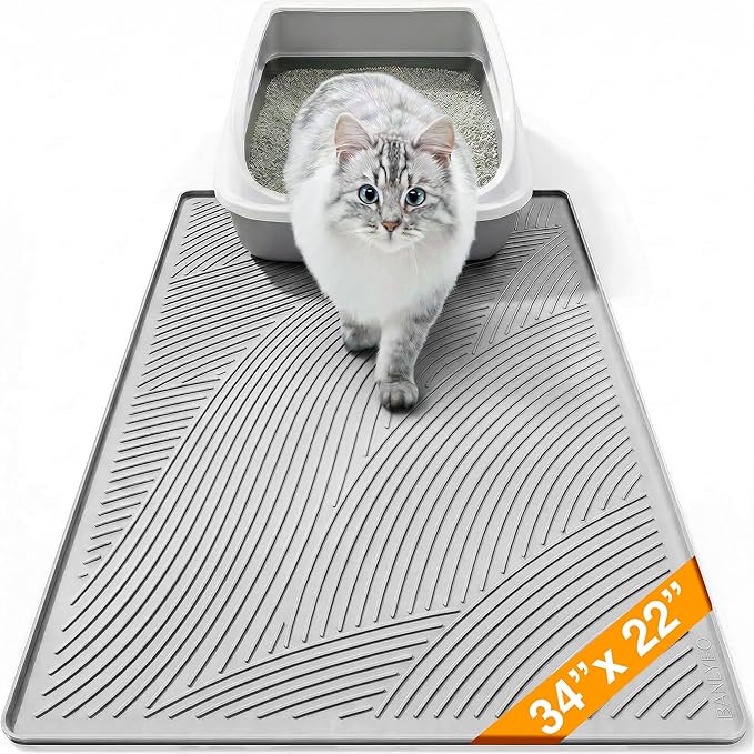 Cat Litter Box Mat - L Large Size 34 x 22 in, Water Proof, Kitty Litter Trapping Mat, Easy to Clean, Scatter Control, Odorless, Pet Supplies for Indoor Cats, Light Gray by BANLYEO