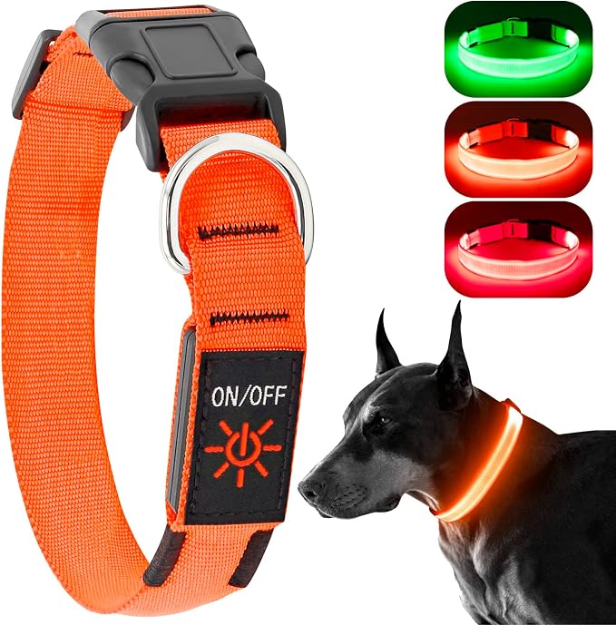 Light Up Dog Collar, Rechargeable USB Collar, Waterproof, Luminous LED Collar, Adjustable, Super Bright, Night Walking for Small Medium Large Dogs, Orange, L by KOSKILL