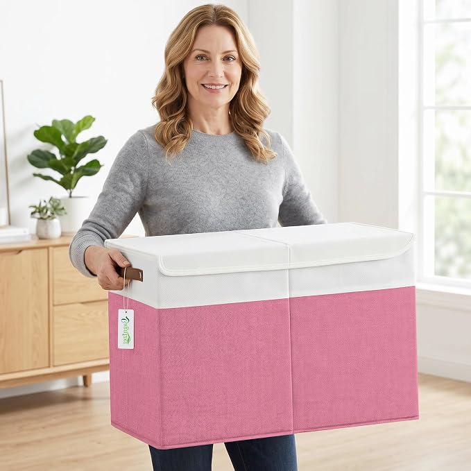 Bagnizer Large Toy Storage Box with Lids, Collapsible Sturdy Baby Storage Organizer Chest Bin Basket for Kids, Boys, Girls, Playroom, Nursery, Bedroom, Closet 25"x13"x16" (Pink and White) - Image 4