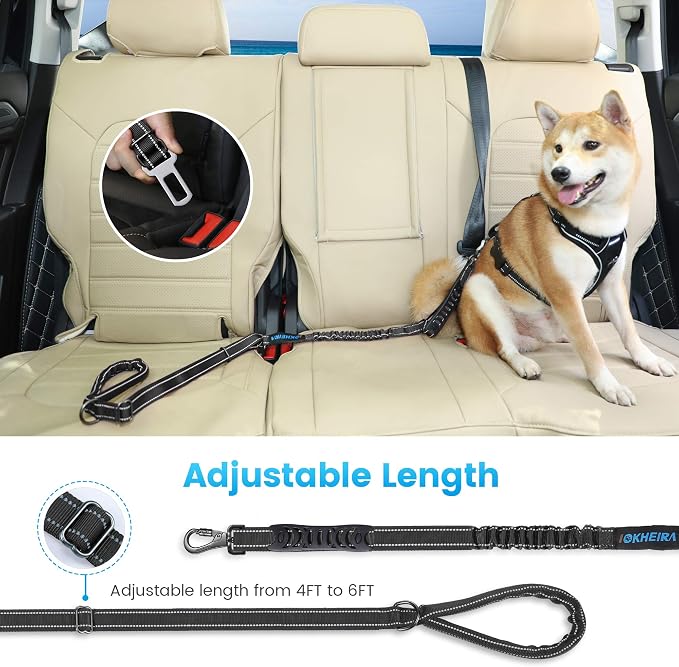 IOKHEIRA 6Ft /4Ft Dog Leash Rope for Large Dogs, Heavy Duty with Comfortable Padded Handle and Highly Reflective Threads,4-in-1 Multifunctional Dog Leashes with Car Seat Belt for Training (Black) - Image 6