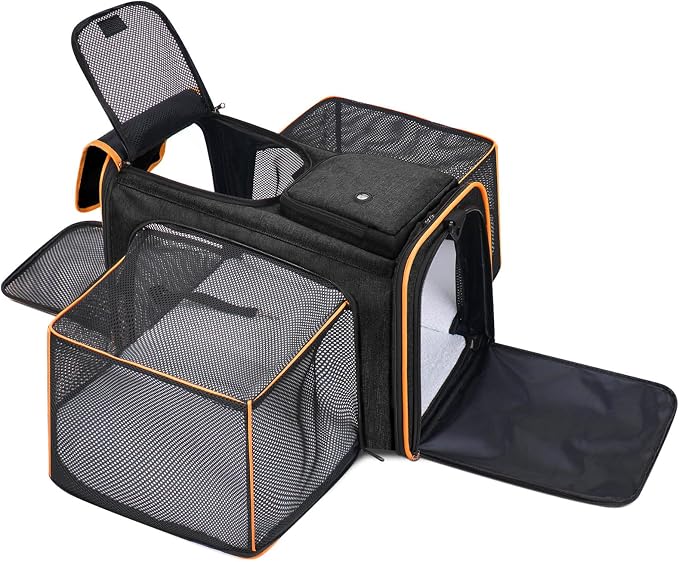 Pet Carrier, Large Soft Sided Expandable Travel Carrier with Steel Frame, Anti-Scratch Mesh, Removable Fleece Pad and Pockets for Cats, Dogs and Small Animals up to 15 lbs (Black, 4 Sides Expandable) by Handor