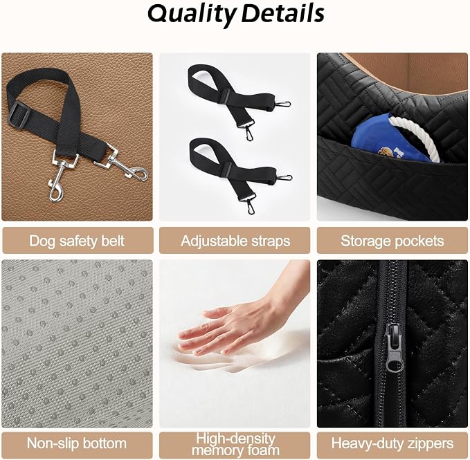 JOEJOY Dog Car Seats for Small Medium Dogs Under 35lbs, Waterproof PU Leather Dog Booster Seat with Detachable Cover, Thickened Memory Foam Pet Car Seat with Safety Belt and Storage Pockets - Image 5