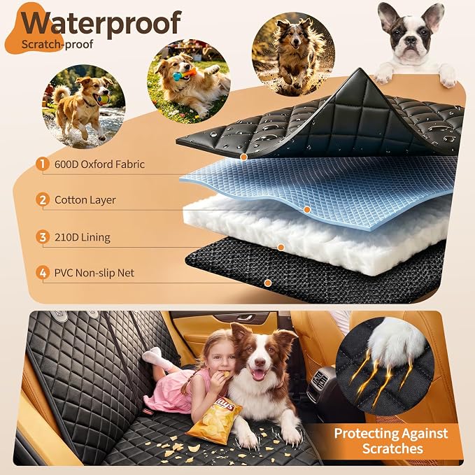 Yuntec Dog Car Seat Cover for Back Seat Pet Seat Cover (55” Width) - Black | Waterproof Rear Seat Protector Scratchproof Back Car Seat Cover fits Middle Armrest for Cars Suvs Truck - Image 3